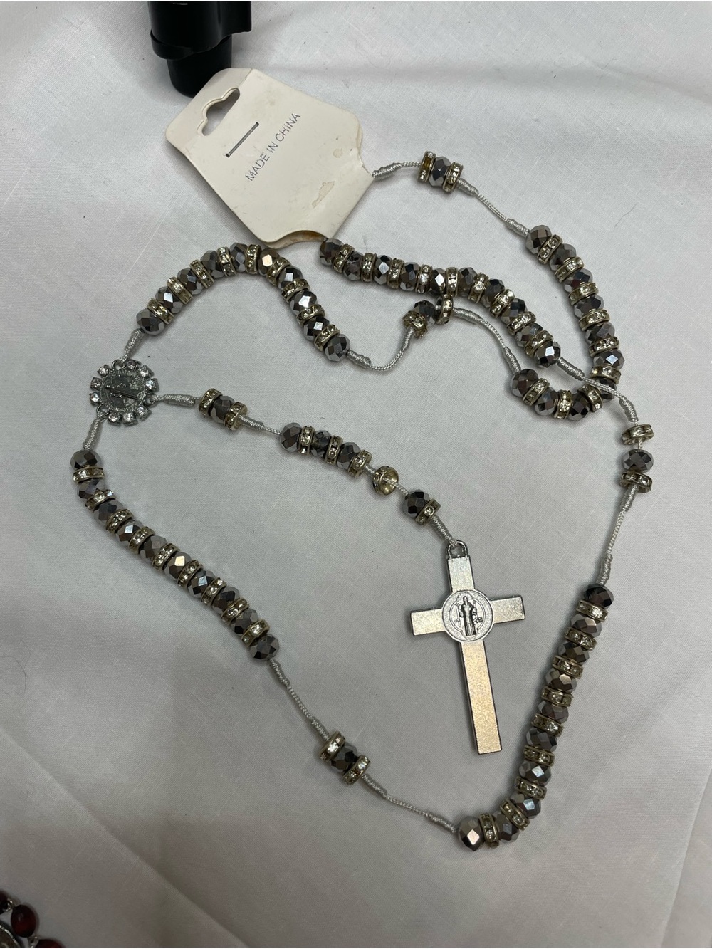 Silver-Tone Crystal Rosary Necklace@